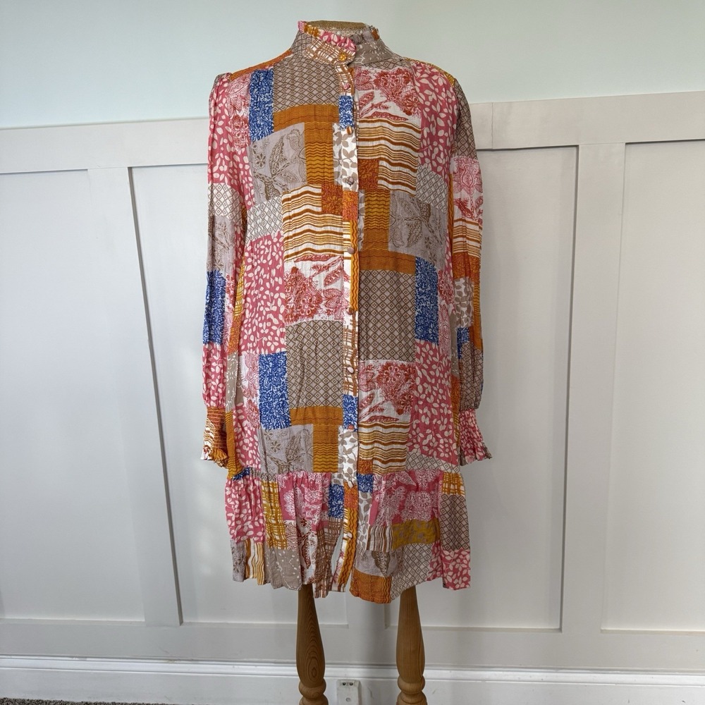 Fate Patchwork Dress Women's L Button Up Boho Indie‎ Folk Preppy Mock Neck Gauzy
